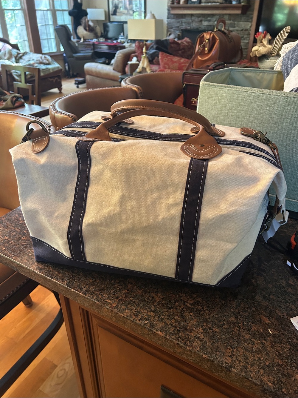 CB Station Top Zip Canvas Leather Travel Duffel Bag - Cream with Navy Trim